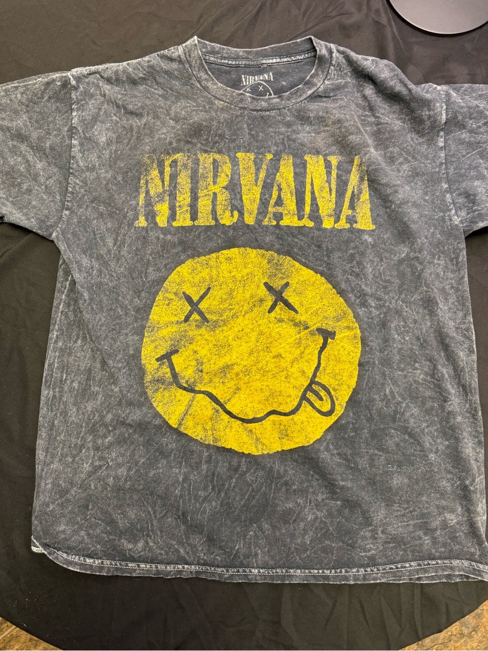 Nirvana (L) Black Graphic Tee with Yellow Smiley Black Washed